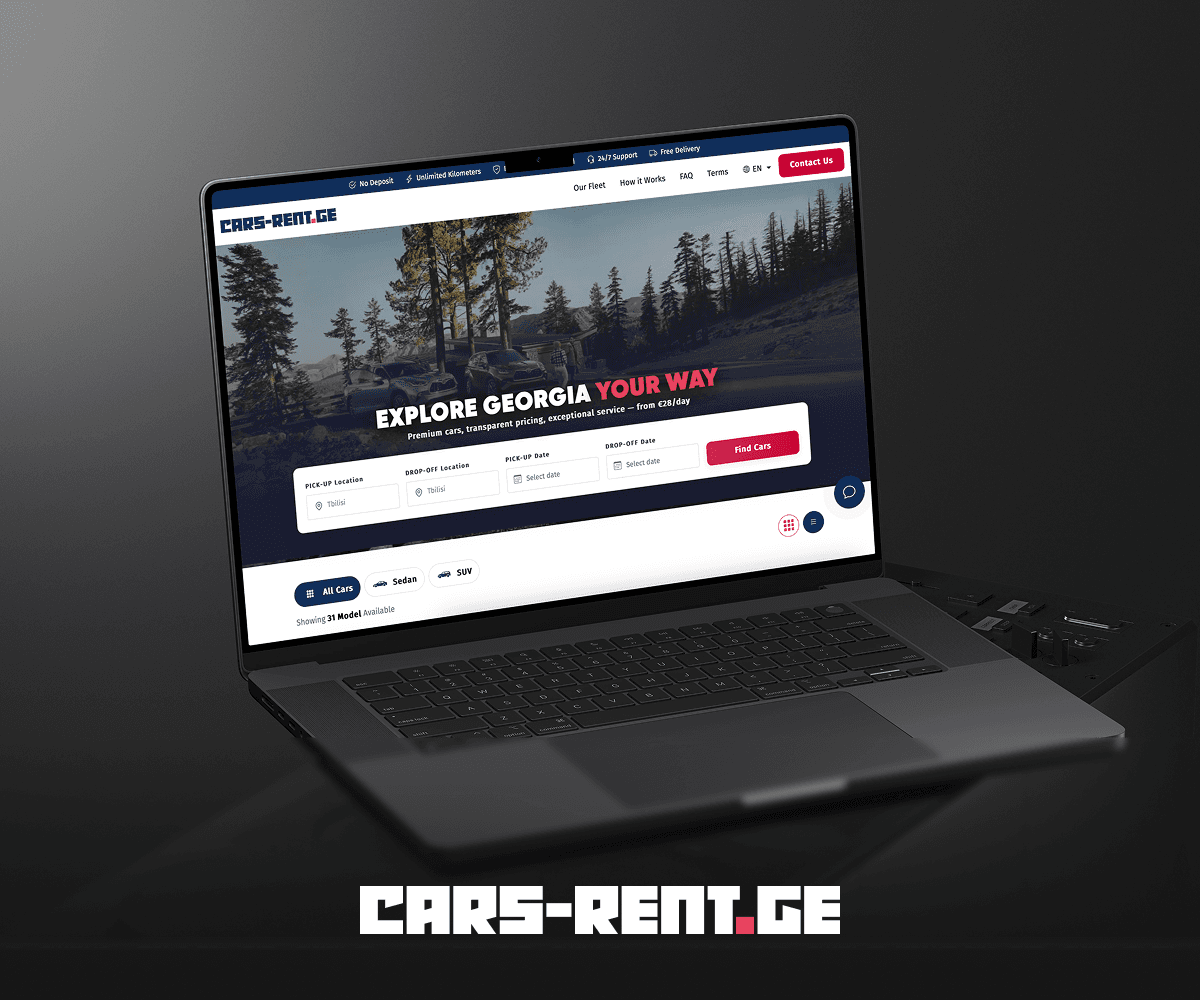Cars-Rent.ge rental platform on a laptop