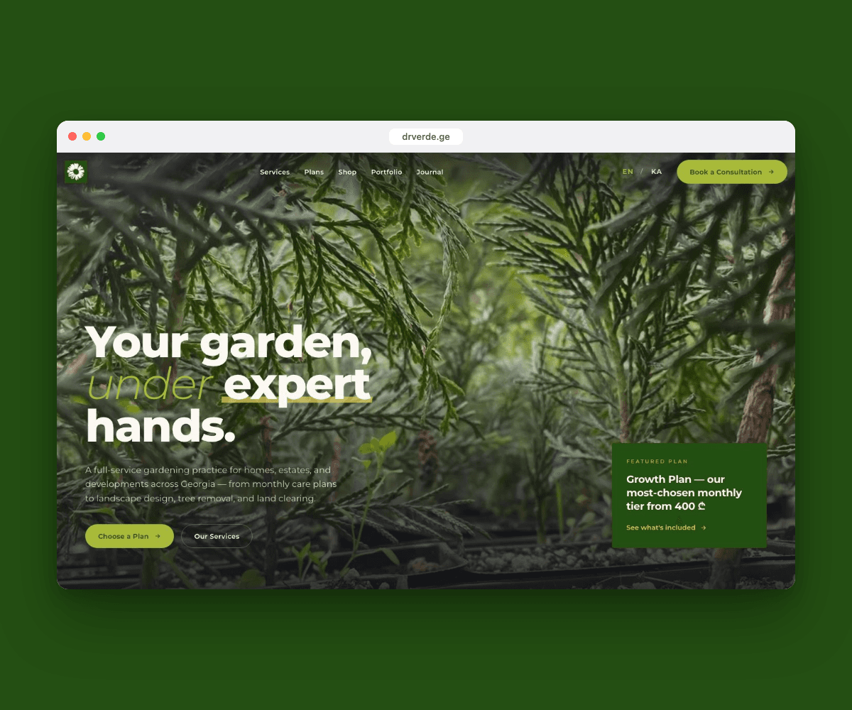 Dr. VERDE gardening website in a browser window