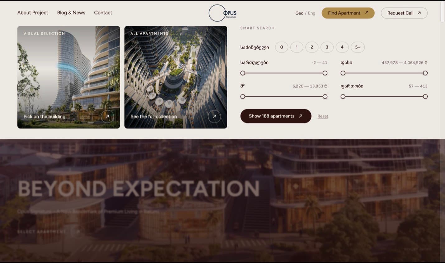 Opus Signature smart search: a bedroom segmented control, four bound range sliders and a submit button reading Show 168 apartments