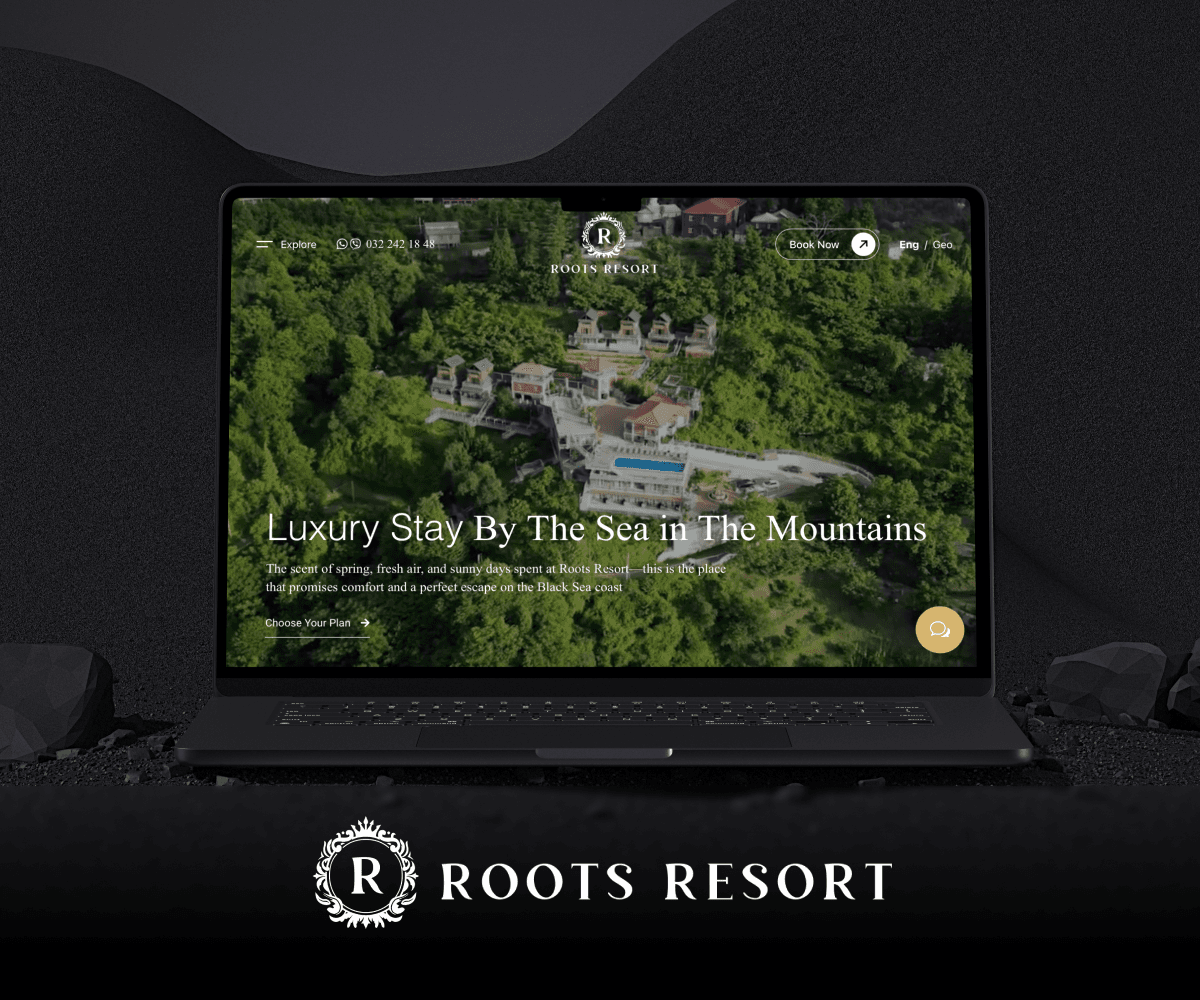 Roots Resort website with an aerial resort view