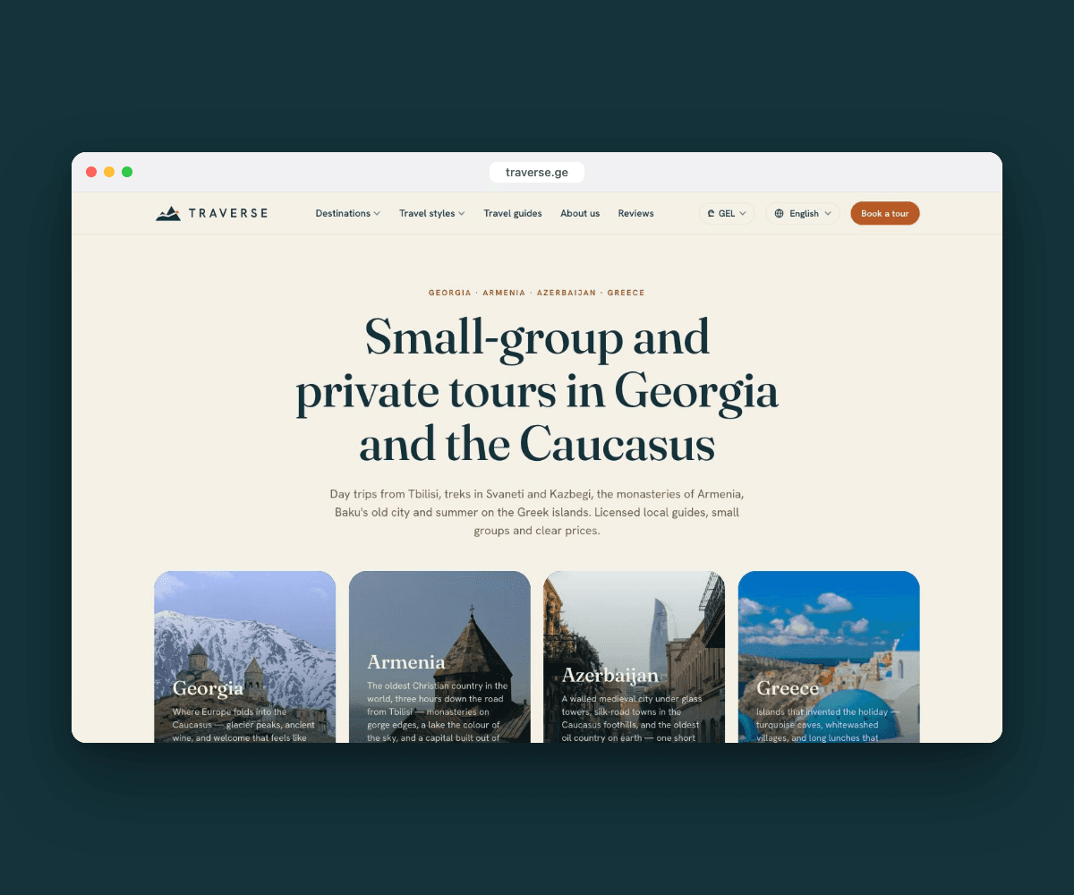 Traverse tour operator website in a browser window